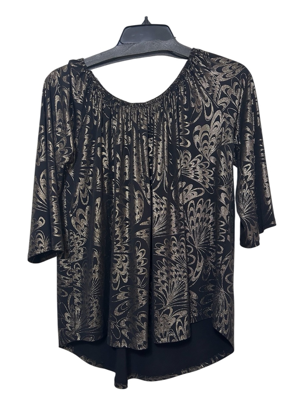 AMANA Gold Metallic Floral Foil Print Top Medium Black Bell Sleeve Scoop Neck